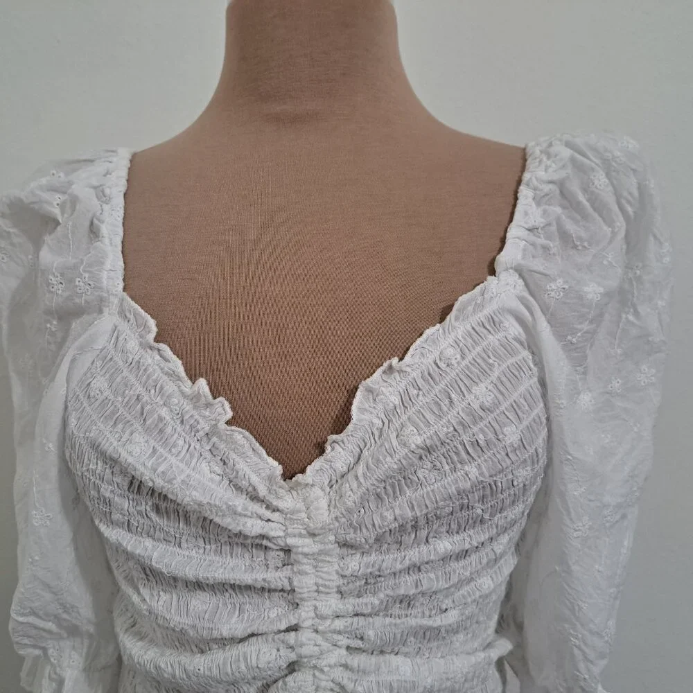Who's That Girl? Camisole White Crop Top Cotton Eyelet 3/4 Sleeve Size L